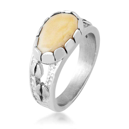 Ladies' Elk Ivory Cabochon Cut Ring with Hoof Track Band in Sterling Silver close-up detail
