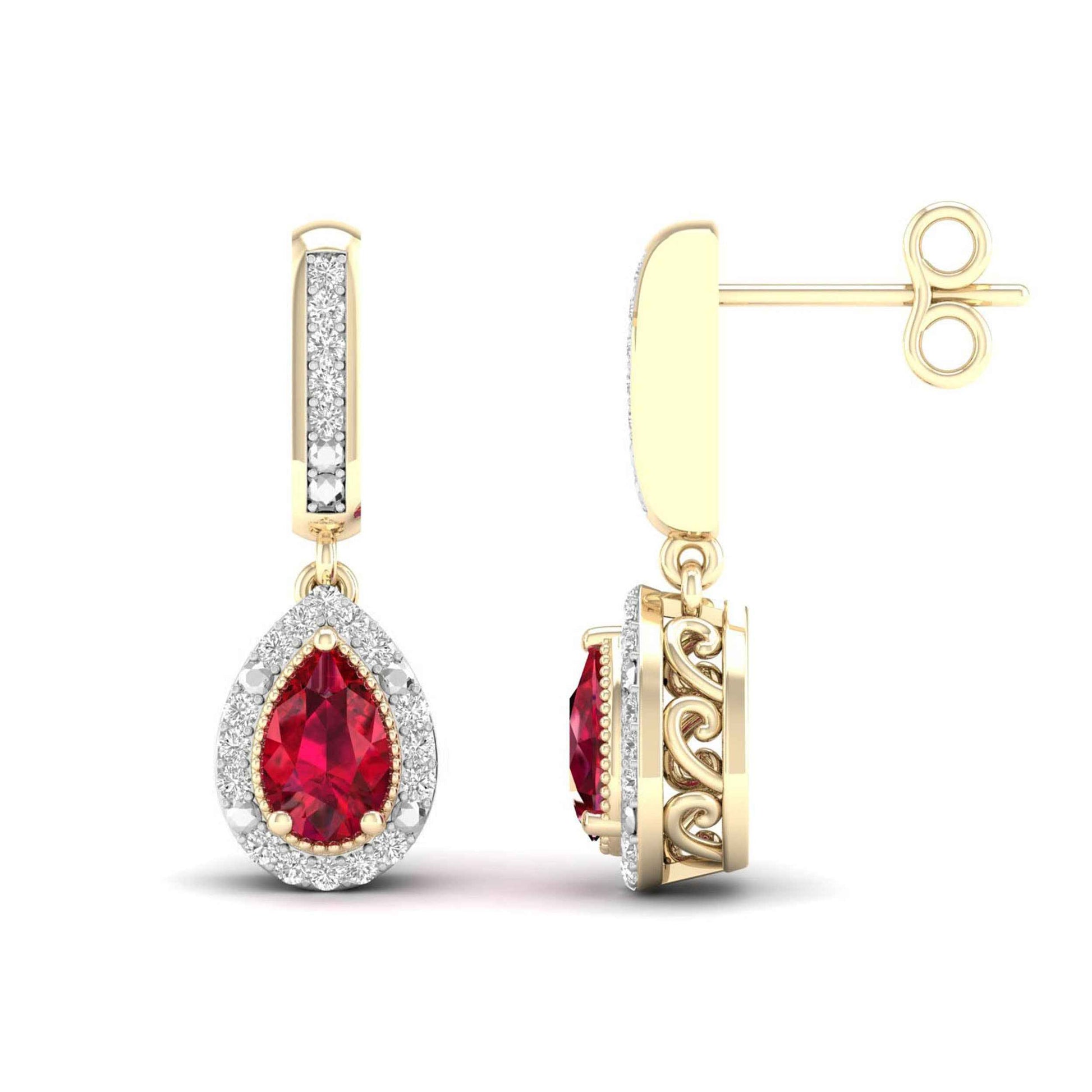 Red Pear-Shaped Ruby and 1/10 ct. tw. Diamond Halo Earrings with Milgrain and Filigree Design in 10K Yellow Gold