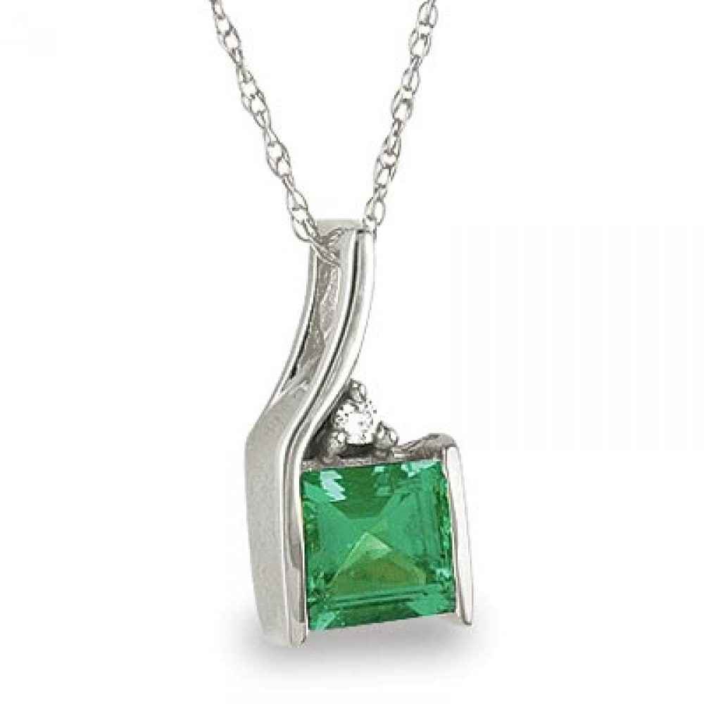 Created Square Emerald & Diamond Accent Fashion Pendant in 10K White Gold