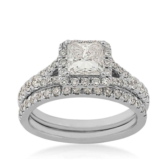Adamante 1-3/4 ct. tw. Lab-Grown Princess Cut Diamond Halo Split Shank Wedding Set in 14K White Gold