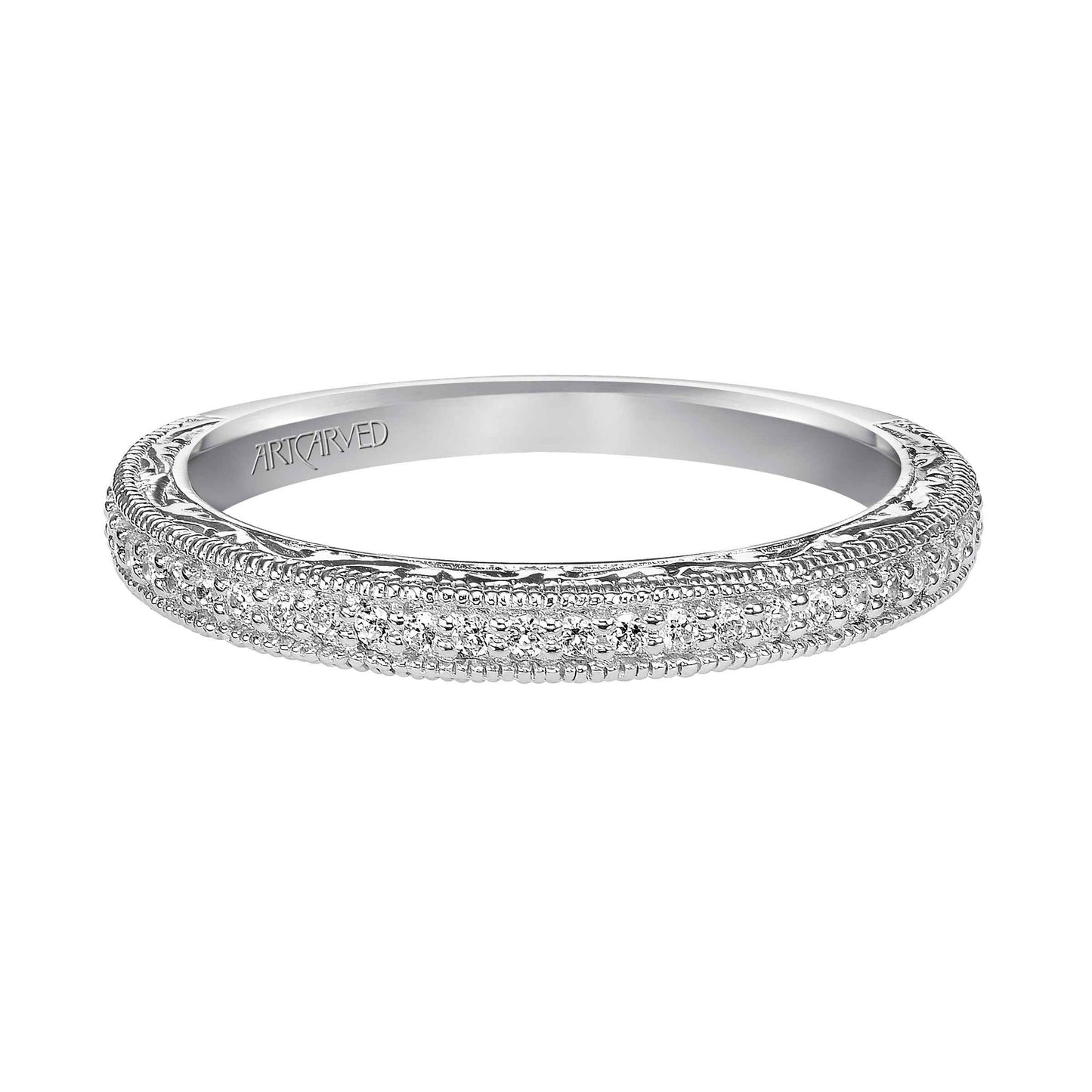 ArtCarved Vintage .14 ct. tw. Diamond Wedding Band with Filigree and Milgrain Design in 14K White Gold