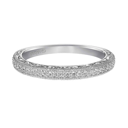 ArtCarved Vintage .14 ct. tw. Diamond Wedding Band with Filigree and Milgrain Design in 14K White Gold
