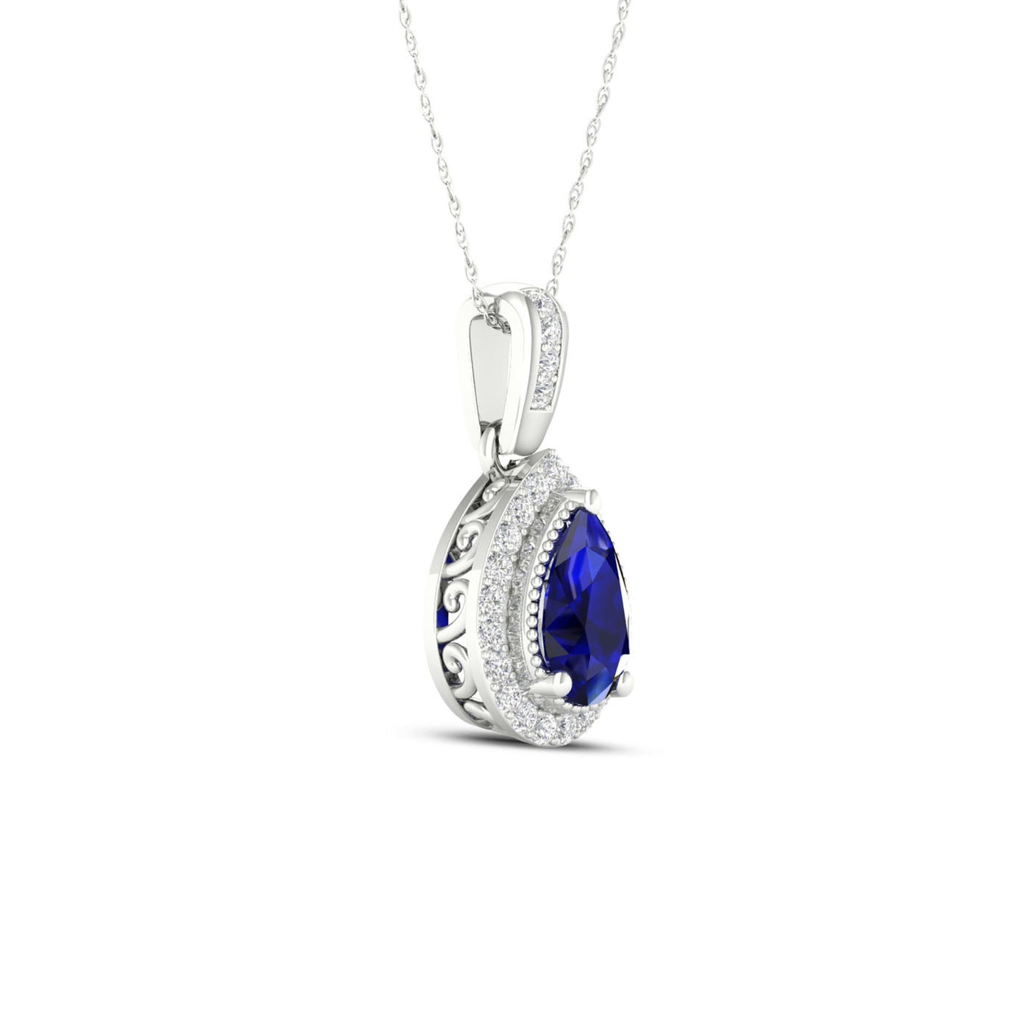 Blue Pear-Shaped Sapphire and .08 ct. tw. Diamond Halo Pendant with Milgrain and Filigree Detailing in 10K close-up detail