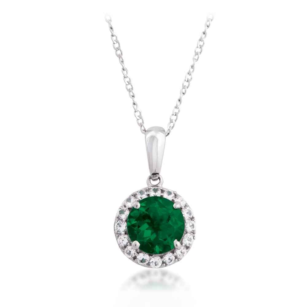 Created Emerald and White Sapphire Pendant in Sterling Silver