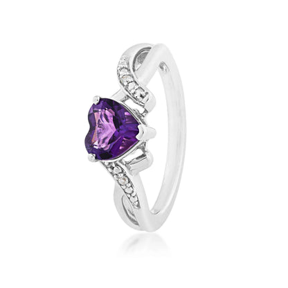Genuine Heart-Shaped Amethyst Fashion Ring with .01 ct. tw. Diamond Accented Band in Sterling Silver front view