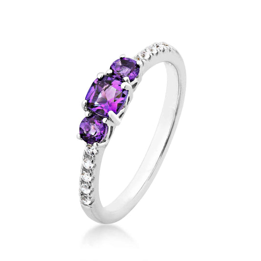 Genuine Cushion Cut & Round Amethyst Stackable Ring with Round Created White Sapphire Band in Sterling Silver front view