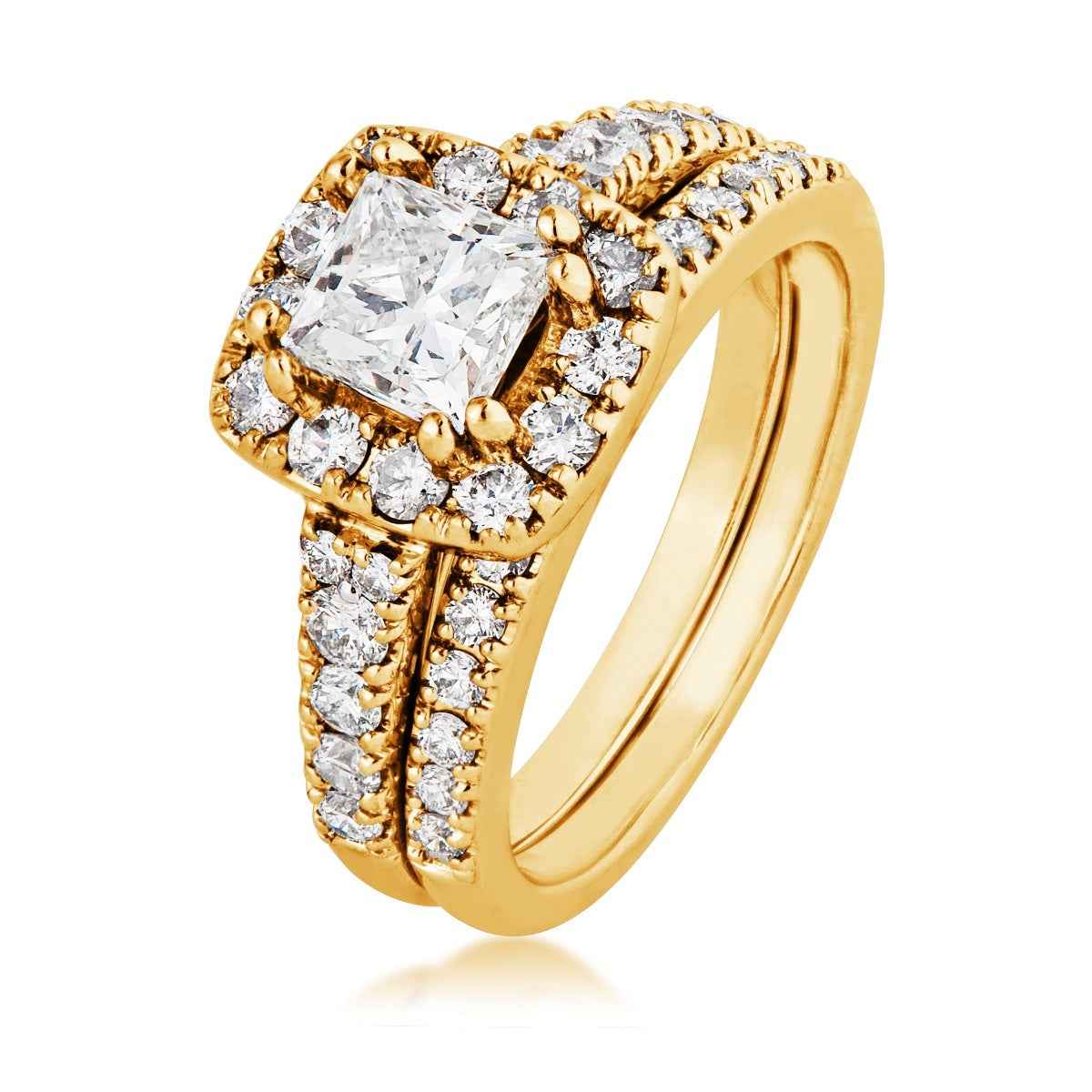 Noventa 2 ct. tw. Princess Cut Diamond Halo Wedding Set in 14K Yellow Gold front view