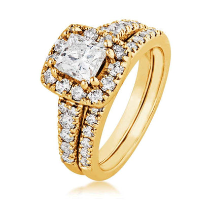 Noventa 2 ct. tw. Princess Cut Diamond Halo Wedding Set in 14K Yellow Gold front view
