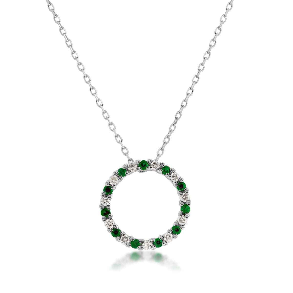 Emerald and 1/8 ct. tw. Diamond Circle Pendant in 10K White Gold