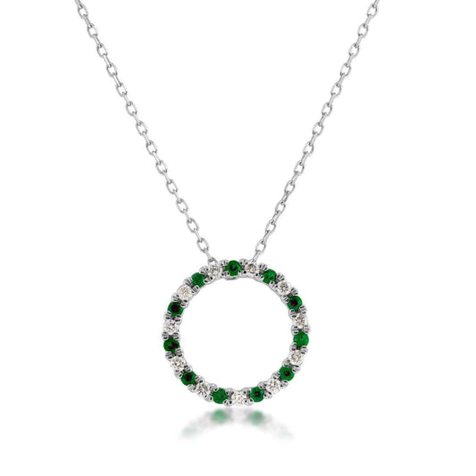 Emerald and 1/8 ct. tw. Diamond Circle Pendant in 10K White Gold
