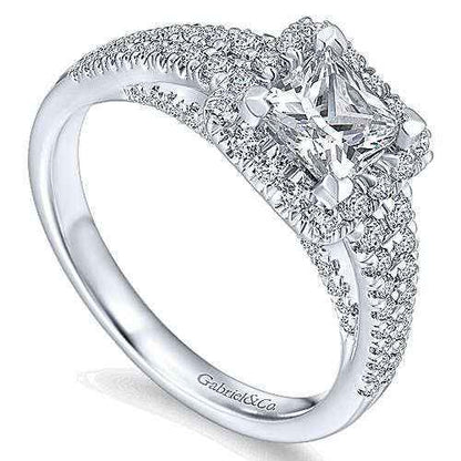 Gabriel & Co. .59 ct. Princess Cut Halo Semi-Mount Engagement Ring in 14K White Gold close-up detail