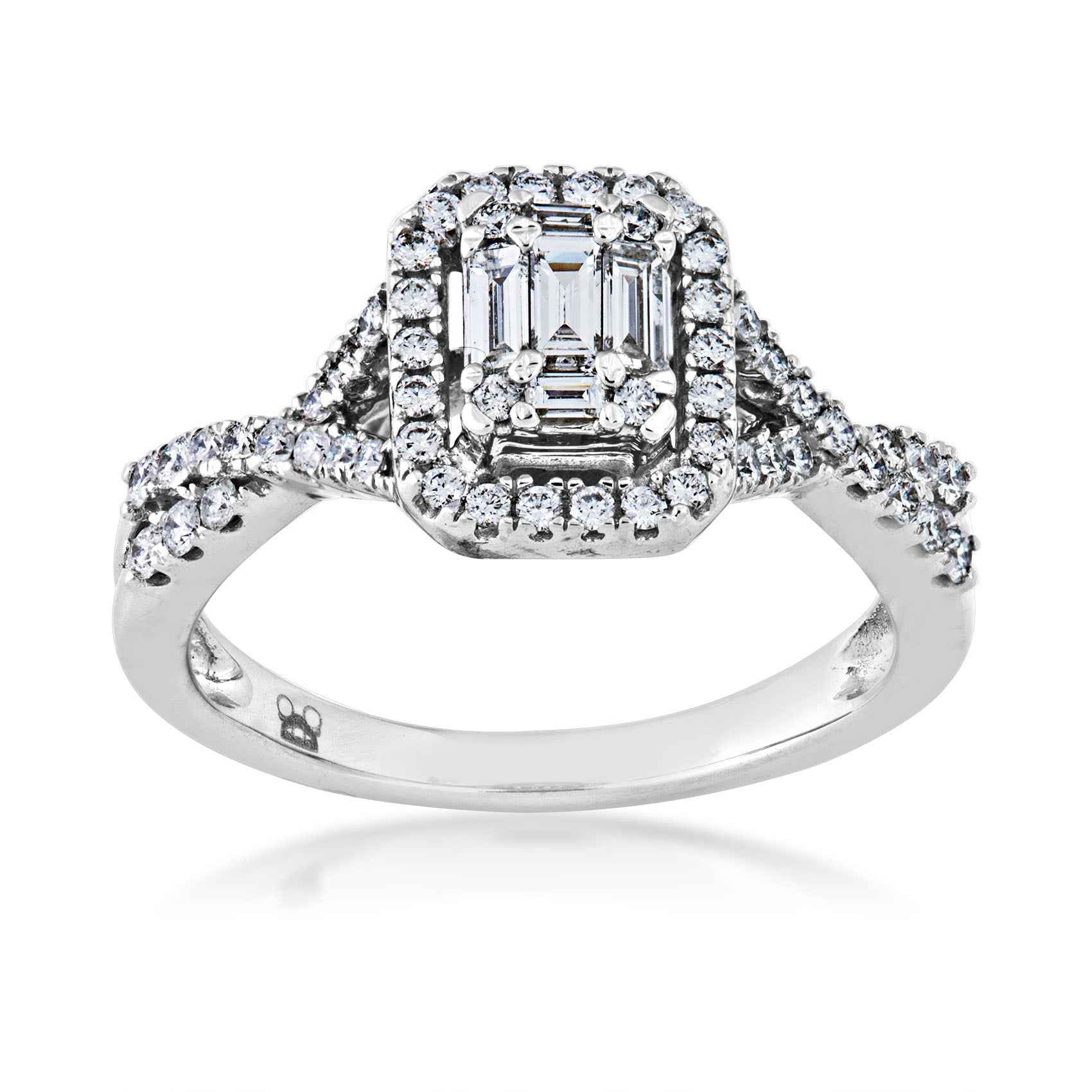 Fairytale Diamonds 5/8 ct. tw. Baguette & Round Diamond Emerald-Shaped Cluster Halo Engagement Ring with Twist Shank in 14K