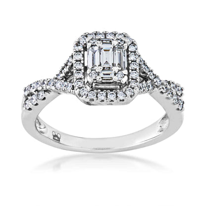 Fairytale Diamonds 5/8 ct. tw. Baguette & Round Diamond Emerald-Shaped Cluster Halo Engagement Ring with Twist Shank in 14K