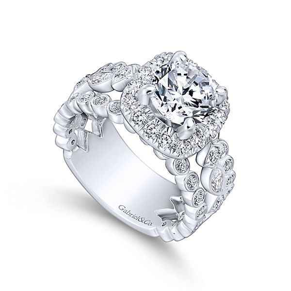 Gabriel & Co. 1-1/3 ct. tw. Round Halo Semi-Mount Engagement Ring with Filigree Design and Split Side Bands in 14K front view