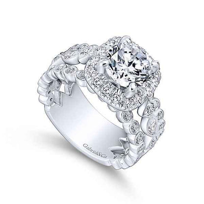 Gabriel & Co. 1-1/3 ct. tw. Round Halo Semi-Mount Engagement Ring with Filigree Design and Split Side Bands in 14K front view