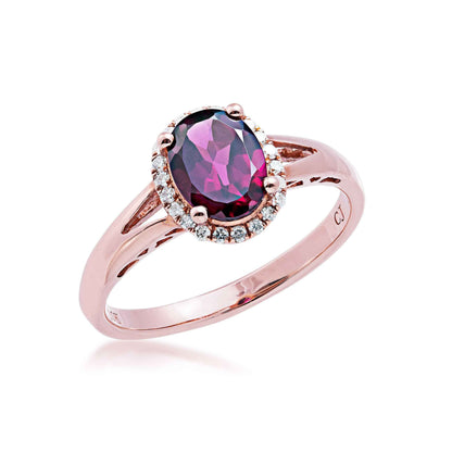 Oval Garnet and 1/8 ct. tw. Diamond Halo Fashion Ring with Split Shank in 10K Pink Gold front view
