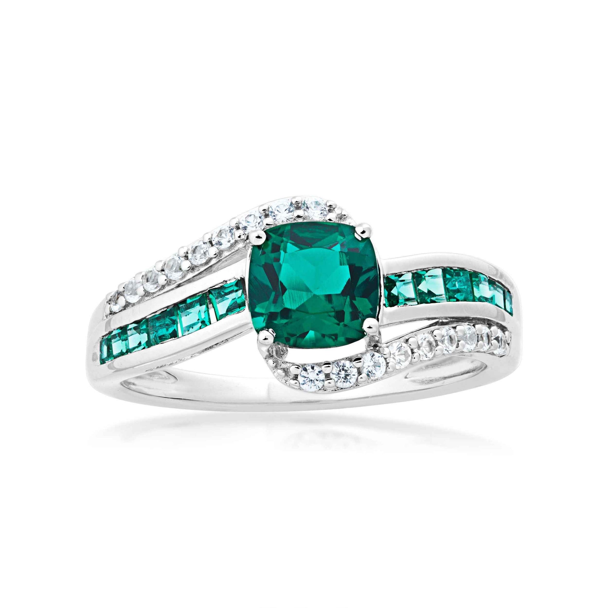 Created Cushion Cut and Channel Set Square Emerald Bypass Ring with White Sapphire Accents in Sterling Silver
