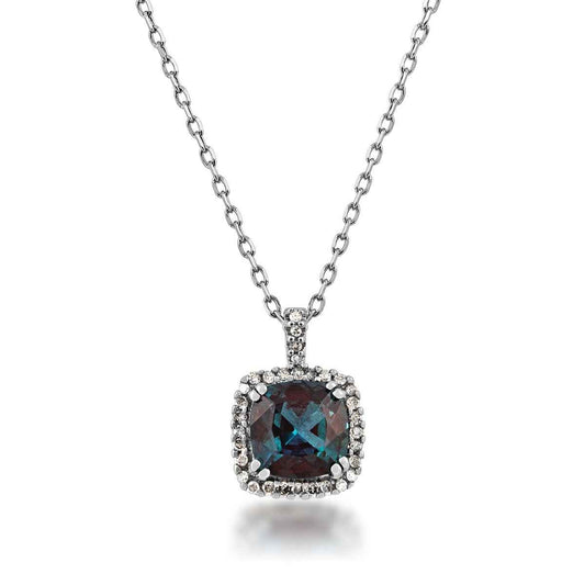 Created Cushion Cut Alexandrite & .08 ct. tw. Diamond Halo Pendant in 10K White Gold