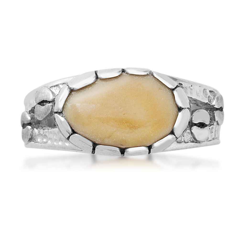 Ladies' Elk Ivory Cabochon Cut Ring with Hoof Track Band in Sterling Silver front view