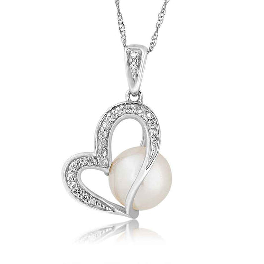 Freshwater Pearl & White Sapphire Heart Pendant in Sterling Silver