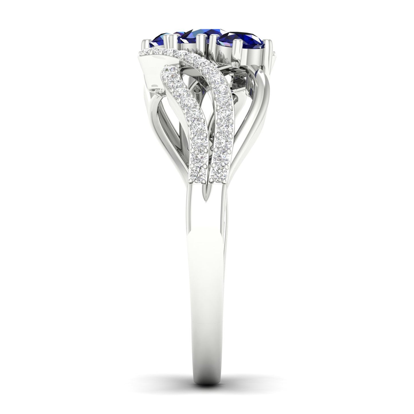 Blue Sapphire and 1/6 ct. tw. 3-Stone Diamond Fashion Ring with Split Upper Band in 10K White Gold close-up detail