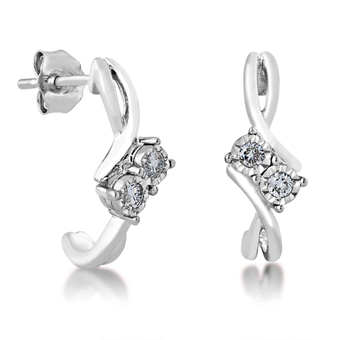 2BeLoved 1/6 ct. tw 2 Stone Diamond 'J' Hoop Earrings with Miracle Plating in 10K White Gold