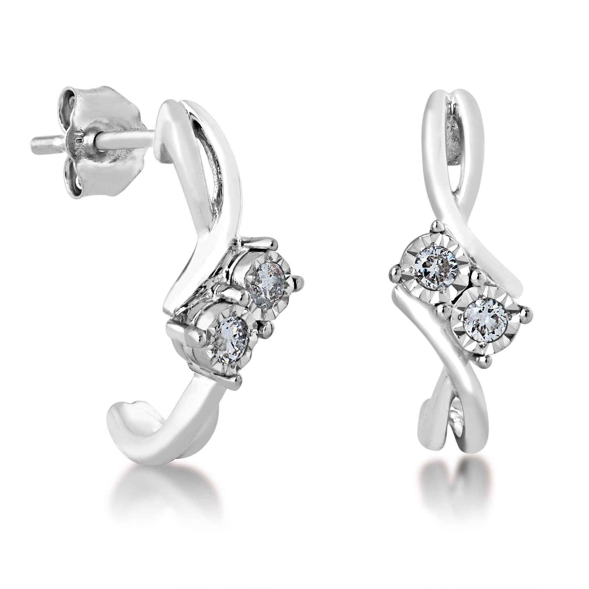 2BeLoved 1/6 ct. tw 2 Stone Diamond 'J' Hoop Earrings with Miracle Plating in 10K White Gold