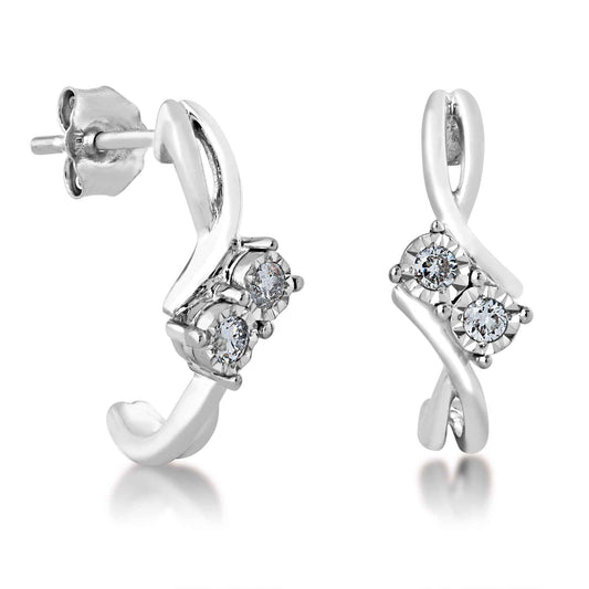 2BeLoved 1/6 ct. tw 2 Stone Diamond 'J' Hoop Earrings with Miracle Plating in 10K White Gold