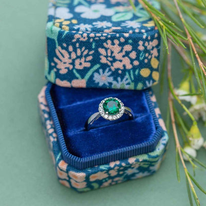 Created Round Emerald & White Sapphire Halo Ring in Sterling Silver front view