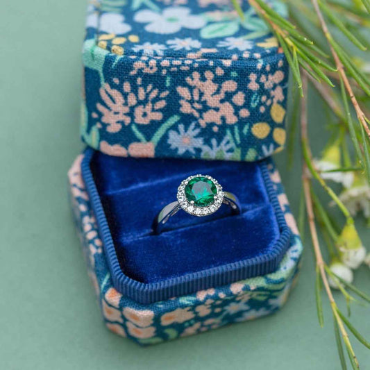 Created Round Emerald & White Sapphire Halo Ring in Sterling Silver front view