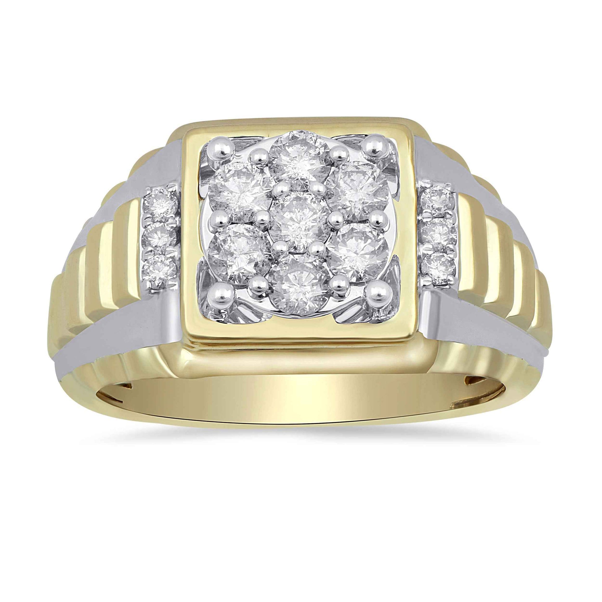 Men's 1 ct. tw. Round Brilliant Cluster Wedding Band with Side Diamond Accents in 10K White & Yellow Gold