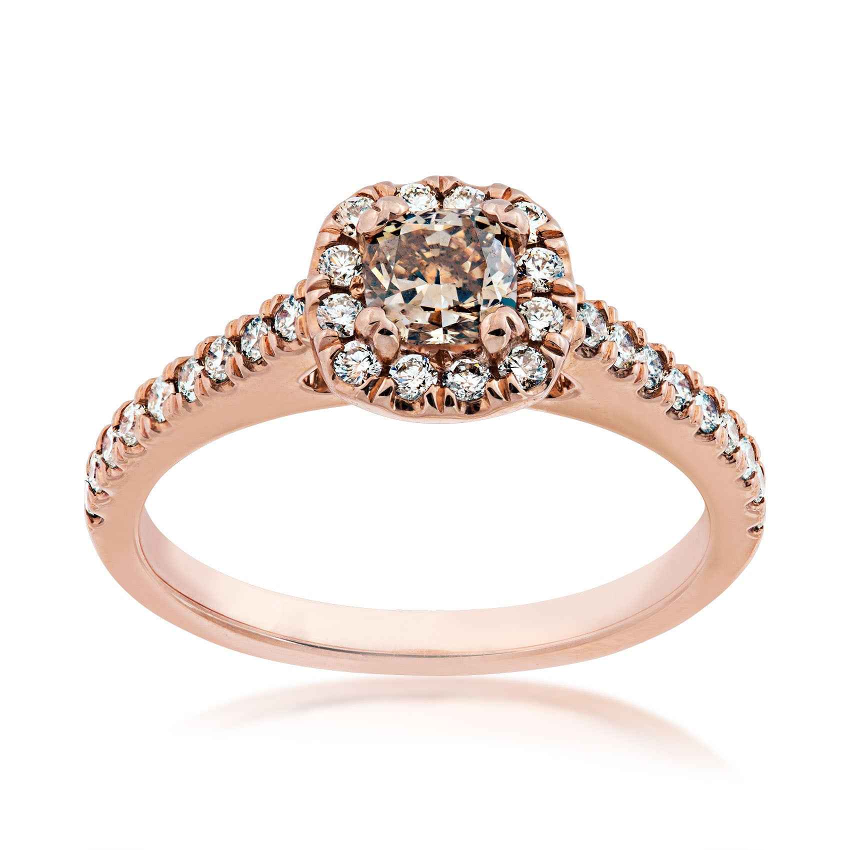 Mocha Lux 7/8 ct. tw. Cushion Cut Mocha Diamond Engagement Ring with White Diamond Halo & Band in 14K Pink Gold
