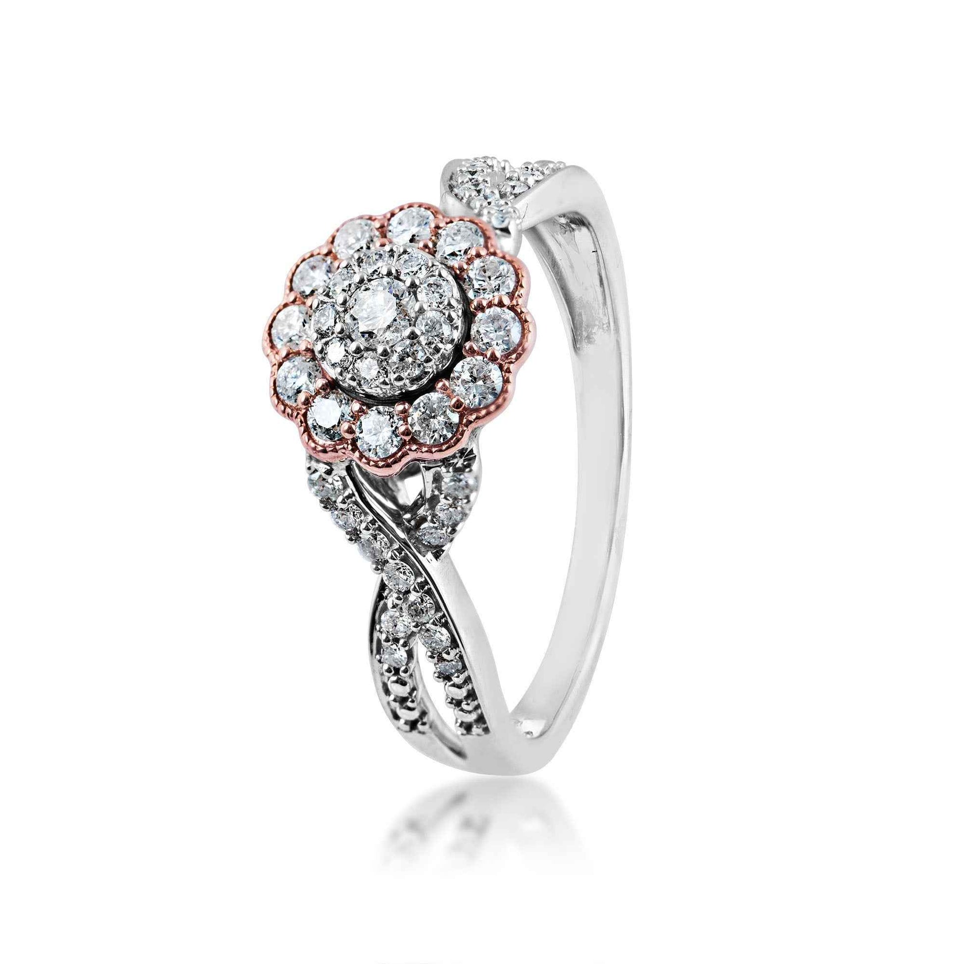 Fairytale Diamonds 1/2 ct. tw. Diamond Cluster Twist Ring with Diamond & Milgrain Halo in 10K White & Pink Gold front view
