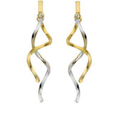Double Swirling Bar Dangle Earrings in 14K White and Yellow Gold