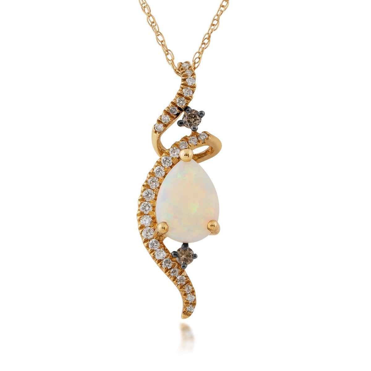 Pear Opal and 1/6 ct. tw. Mocha and White Diamond Pendant in 10K Yellow Gold