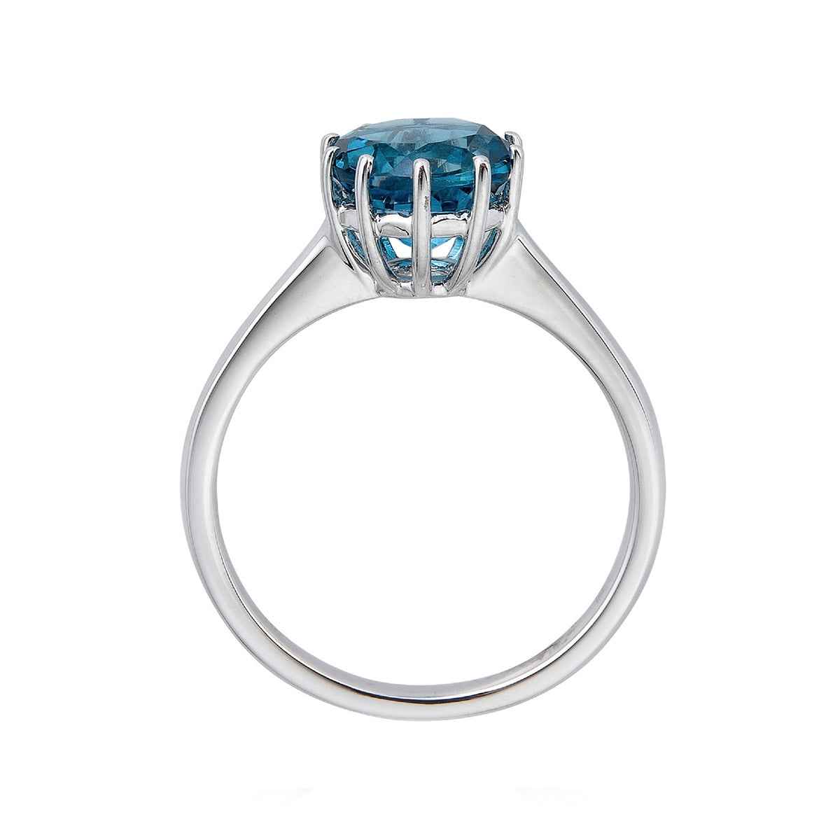 Round London Blue Topaz Solitaire Ring in 10K White Gold front view