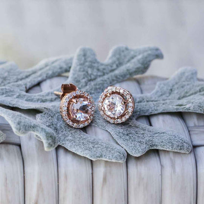 Genuine Round Morganite & 1/6 ct. tw. Diamond Halo Earrings in 10K Pink Gold front view