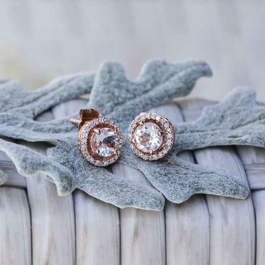 Genuine Round Morganite & 1/6 ct. tw. Diamond Halo Earrings in 10K Pink Gold front view