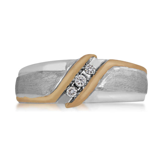 1/10 ct. tw. Men's Round 3-Stone Diamond Wedding Band with Brushed Center in 10K White & Yellow Gold front view