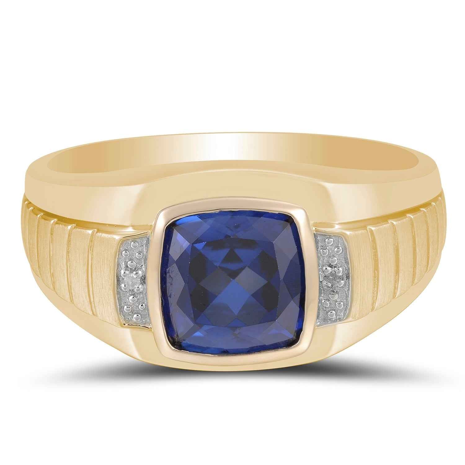 Men's Created Cushion Cut Blue Sapphire Ring with .01 ct. tw. Diamond Accents in 10K Yellow Gold
