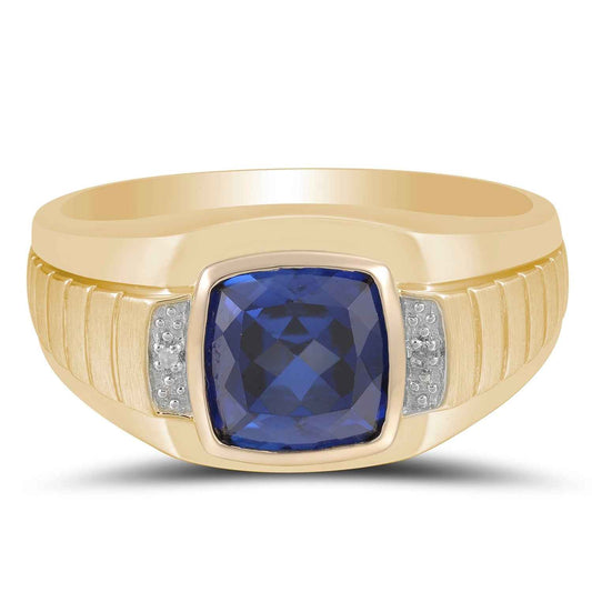 Men's Created Cushion Cut Blue Sapphire Ring with .01 ct. tw. Diamond Accents in 10K Yellow Gold