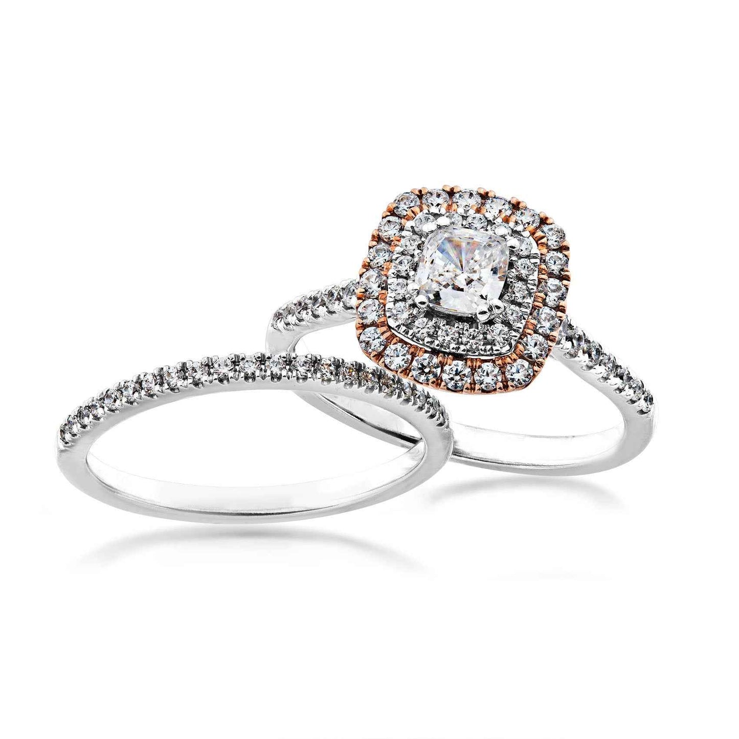 Amaura Collection 7/8 ct. tw. Cushion Cut Double Halo Diamond Wedding Set in 14K Two-Tone Gold front view