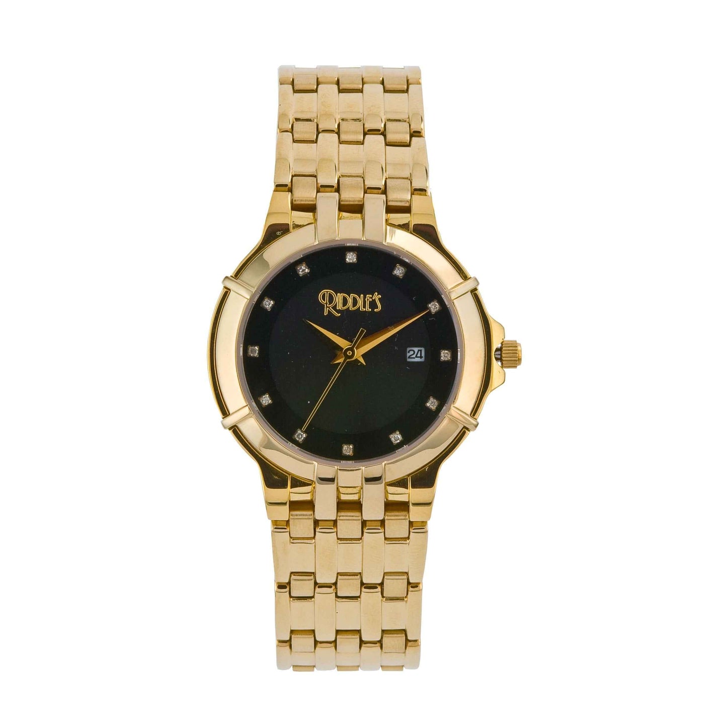 Riddle's Jewelry Ladies' Stainless Steel Analog Watch with Black Dial and Diamond Hour Markers