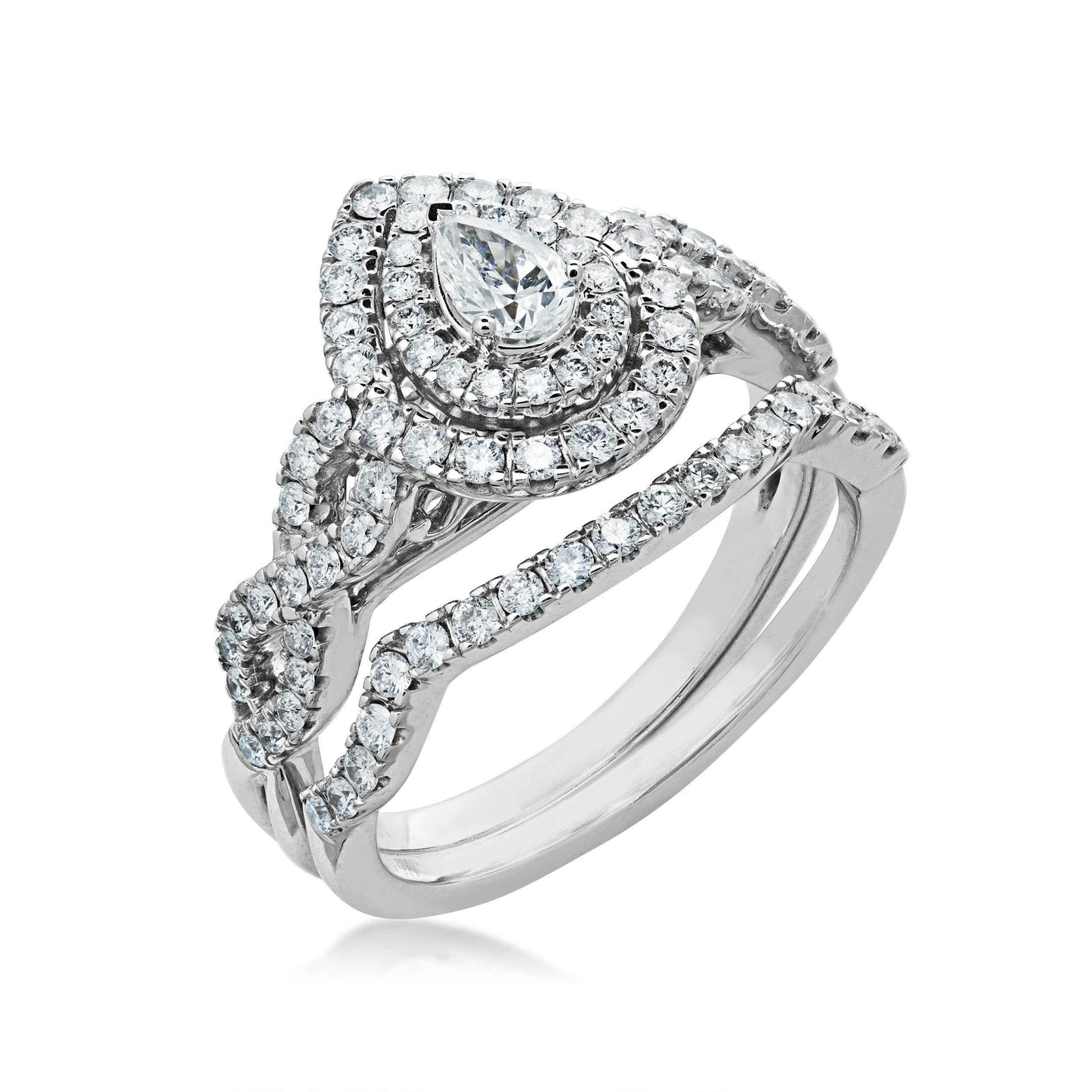Natural 1 ct. tw. Pear Diamond Double Halo Twist Wedding Set in 10K White Gold close-up detail