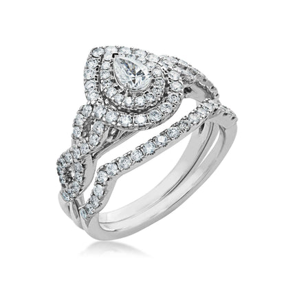 Natural 1 ct. tw. Pear Diamond Double Halo Twist Wedding Set in 10K White Gold close-up detail