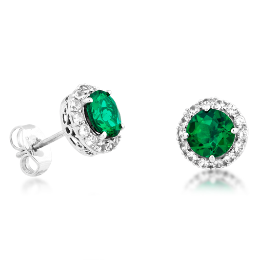 Created Emerald & White Sapphire Halo Earrings in Sterling Silver