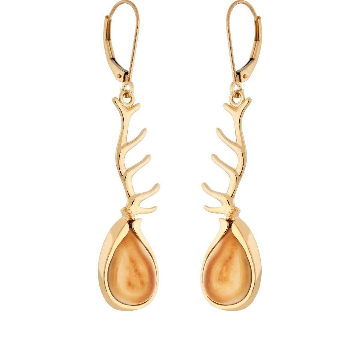 Ladies' Elk Ivory Dangle Antler Earrings with Lever Backs in 10K Yellow Gold - I30399LR Herd