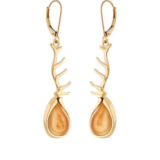 Ladies' Elk Ivory Dangle Antler Earrings with Lever Backs in 10K Yellow Gold - I30399LR Herd