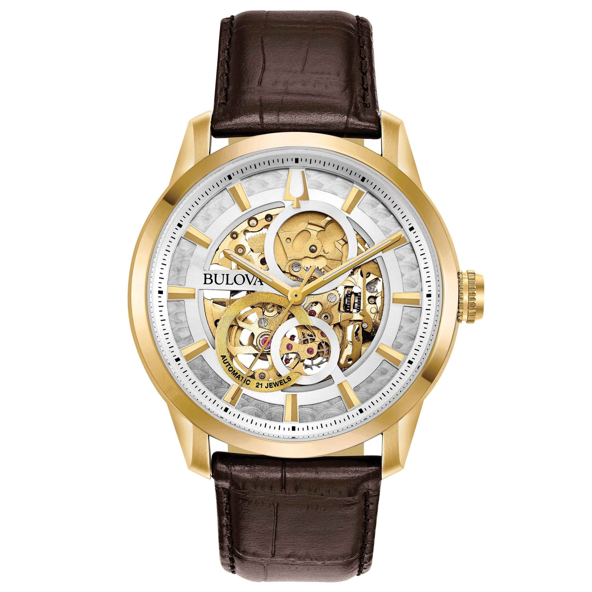 Bulova Men's Sutton Mechanical Watch with Skeletonized Dial and Brown Leather Strap