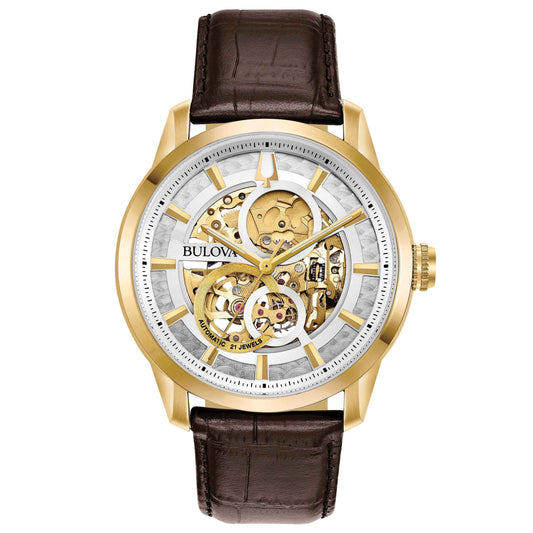 Bulova Men's Sutton Mechanical Watch with Skeletonized Dial and Brown Leather Strap